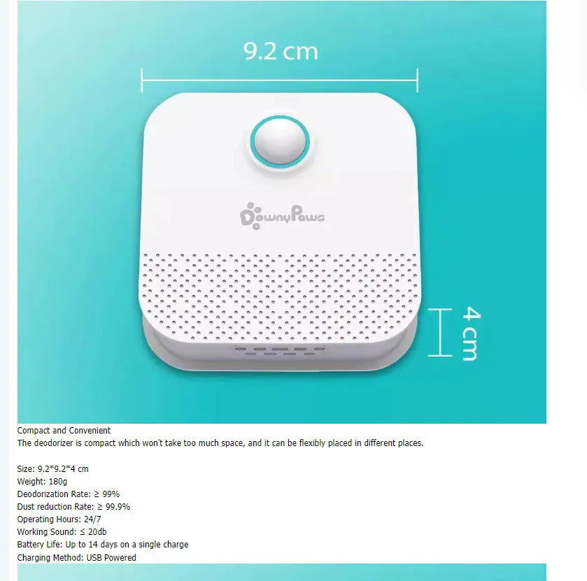 DownyPaws white 4000mAh smart cat odour purifier measuring 9.2x9.2x4 cm