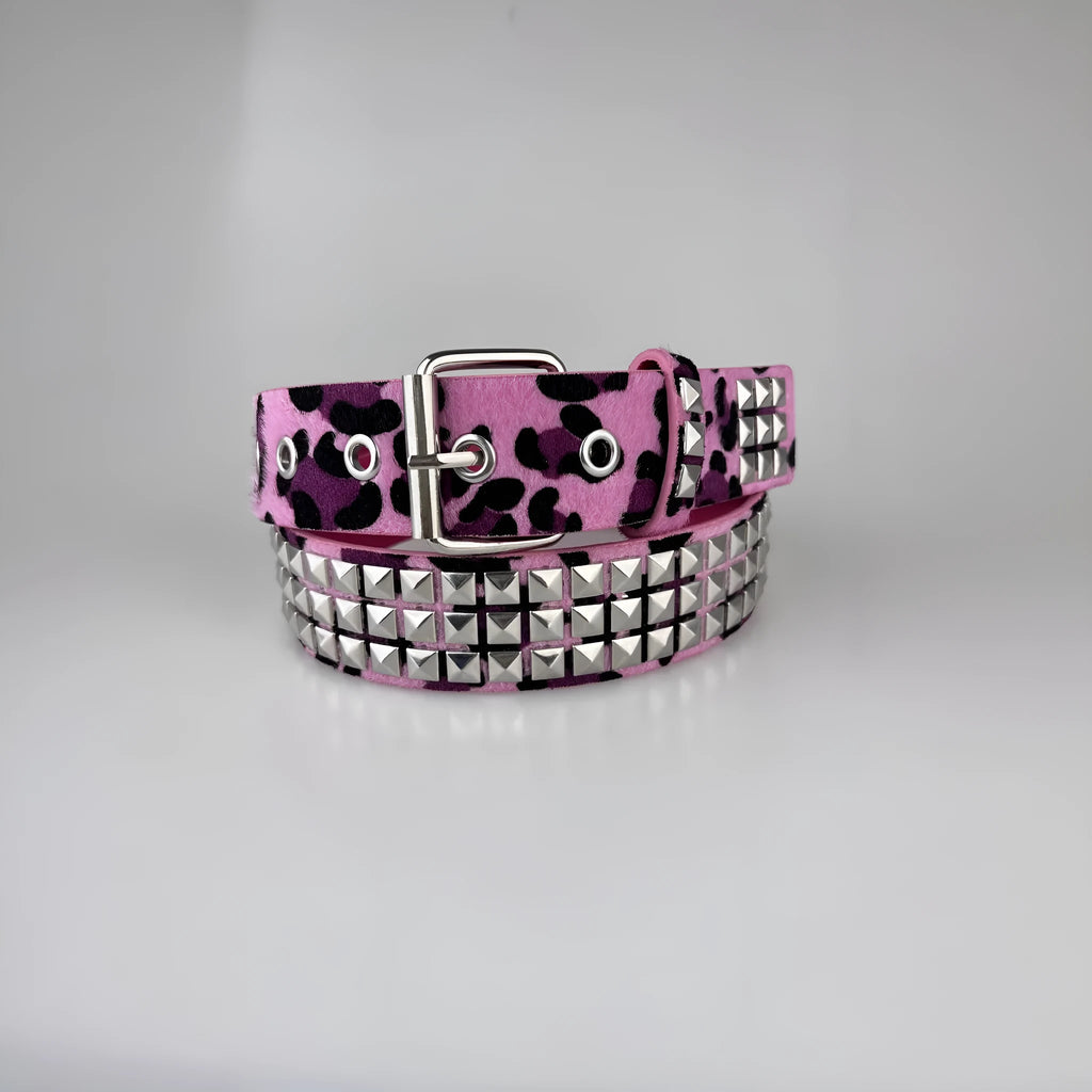 Women's punk fashion belt with metal decorative rivets in pyramid stud patterns including brown leopard, white zebra, and rose red leopard options