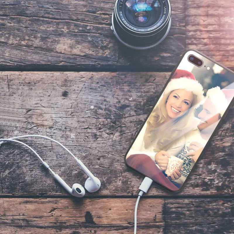 Custom patterned slim iPhone case showing raised edges protecting camera and screen on a compatible phone.