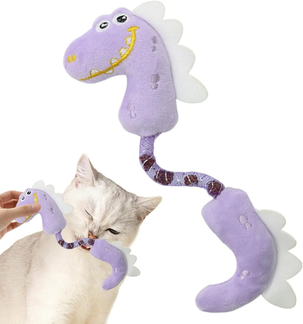 Set of four cat toys including catnip rope, interactive kicker, spring, and plush chew toys in pink, purple, and yellow
