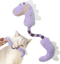 Set of four cat toys including catnip rope, interactive kicker, spring, and plush chew toys in pink, purple, and yellow