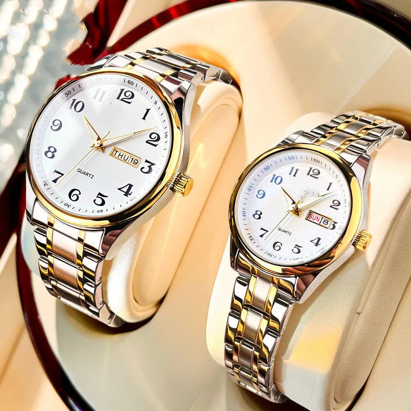Unisex student quartz watch with steel bracelet and alloy case, 40mm male and 29mm female sizes, steel gold colour