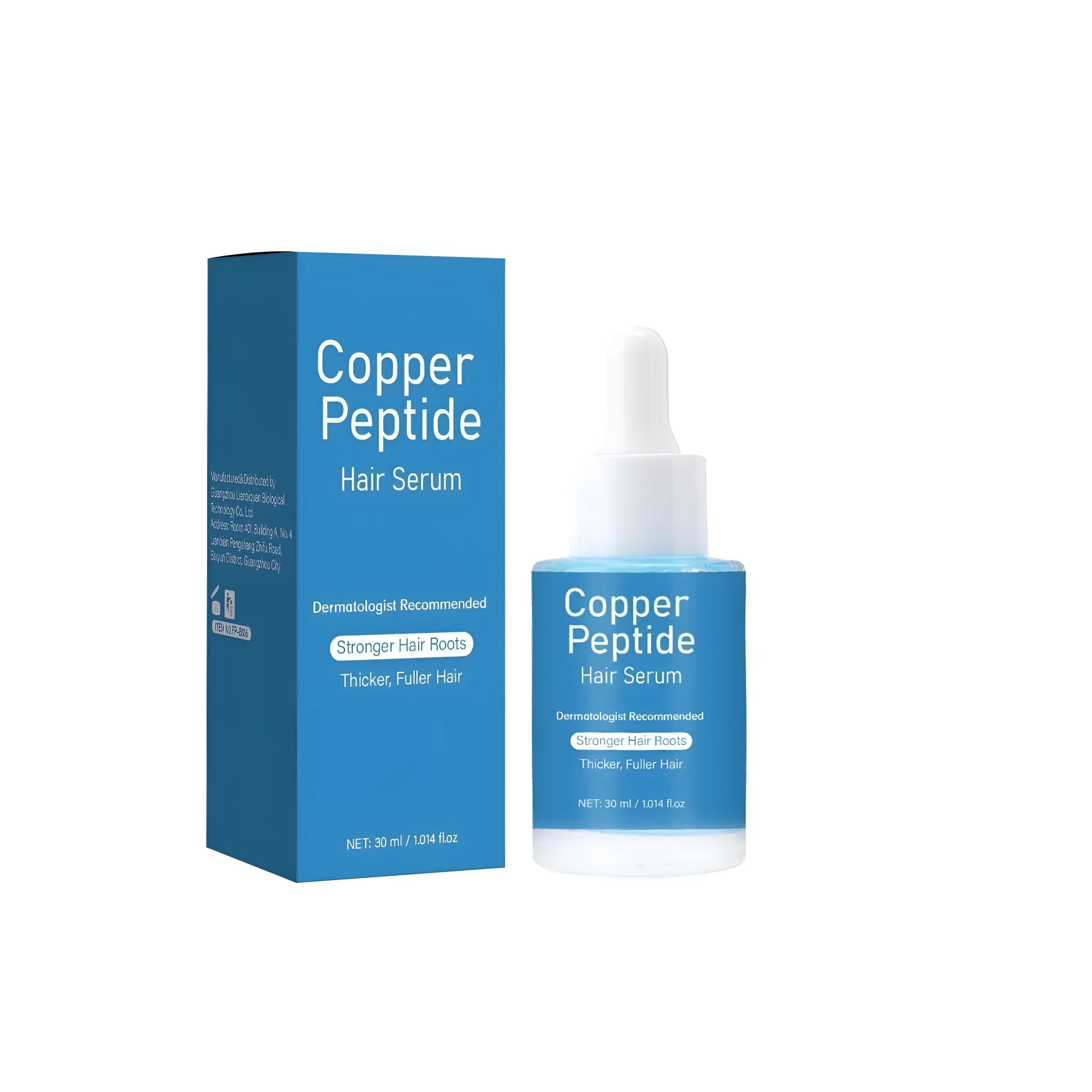 30ml glass dropper bottle of copper peptide hair care oil on a white background