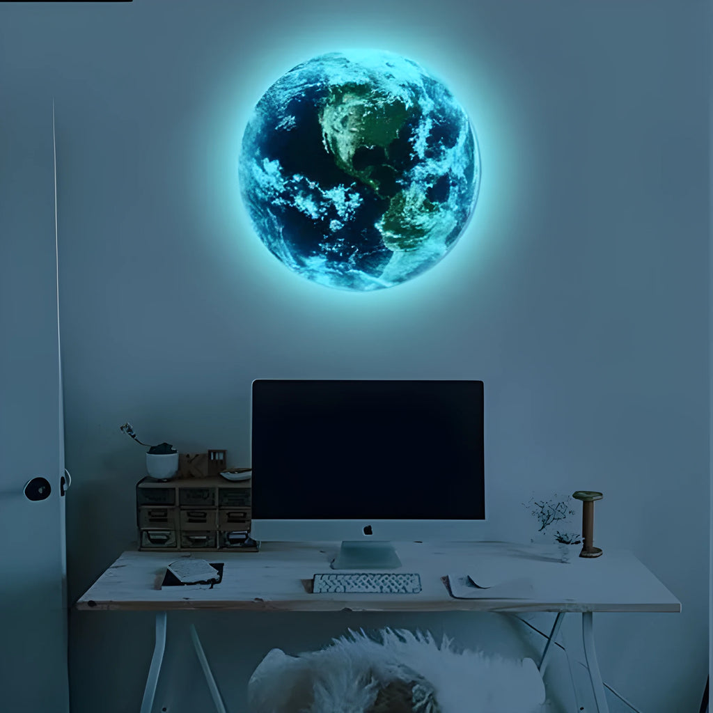 Glow in the dark 3D Earth wall sticker showing planet design in multiple size options