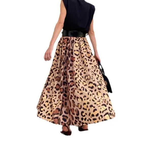 Brown leopard print women's A-line long skirt with big hem design on inelastic polyester fabric