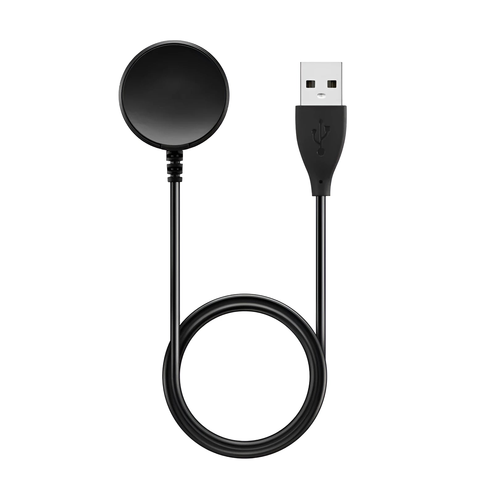 Black plastic USB watch charger measuring 34mm wide with wireless charging surface