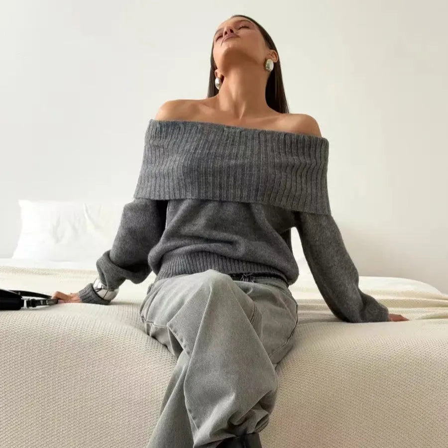Women's off-the-shoulder sweater with 3D pattern in grey, white or wine red acrylic fabric