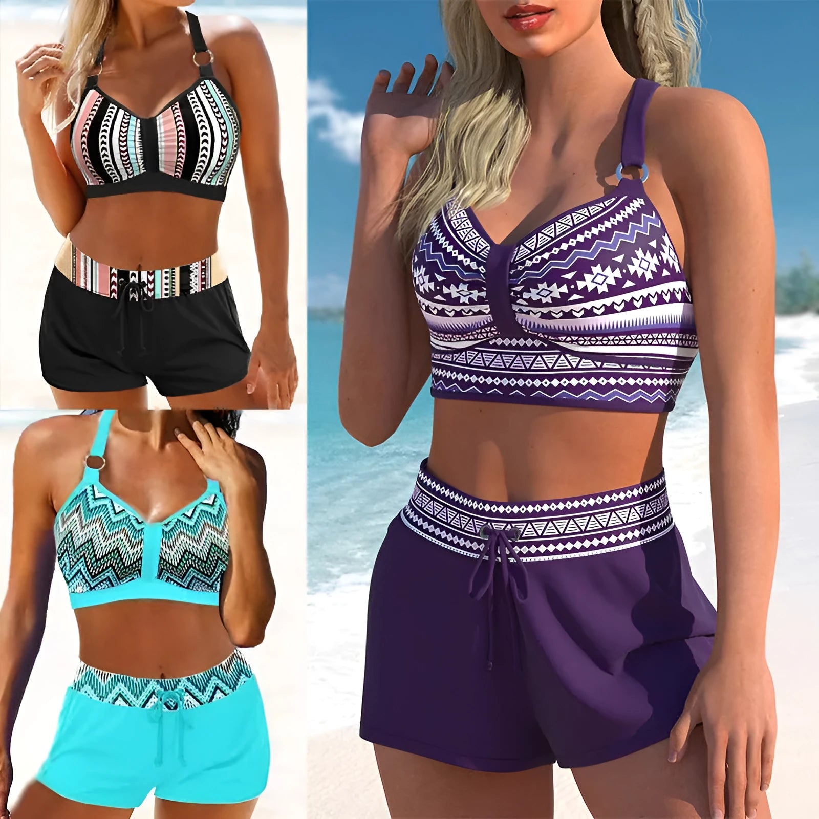 Women's navy blue and floral print two-piece polyester swimsuit bikini set for hot springs.