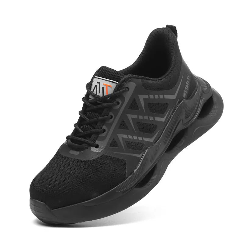 Black steel toe cap safety work shoes with flat knitted uppers and lace-up closure