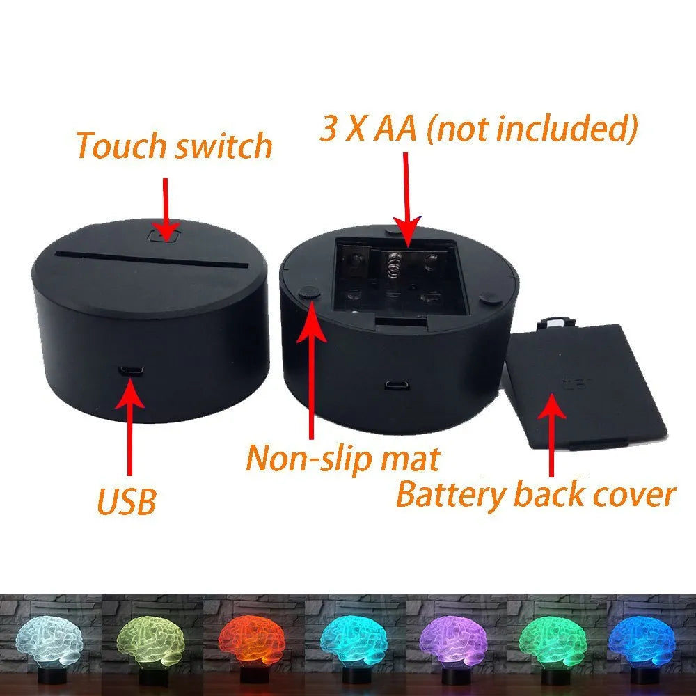Brain design 3D acrylic LED desk lamp with remote control on a wooden surface