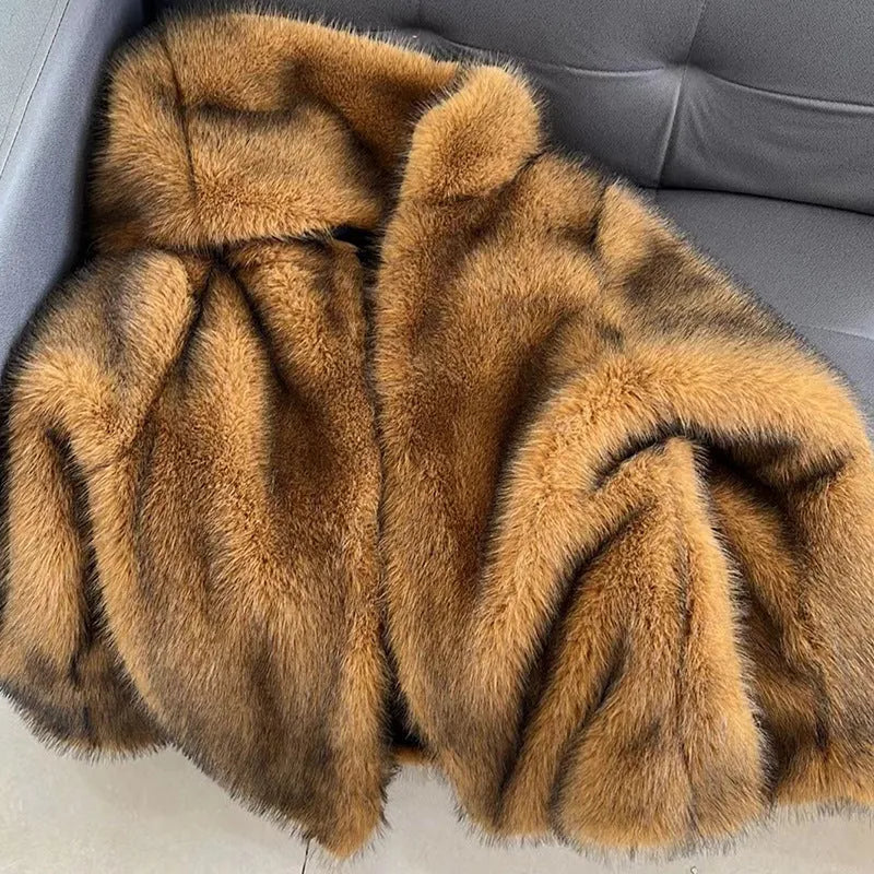Women's silver grey artificial fur mid-length coat with loose fit and regular sleeves