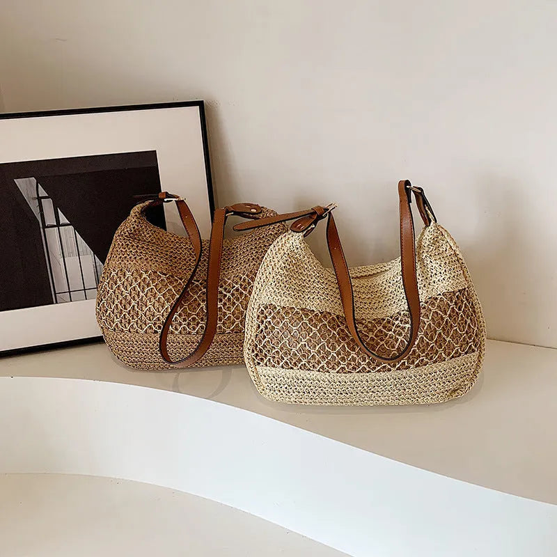 Women's khaki straw cross body bag with horizontal square shape and sandwich pocket.