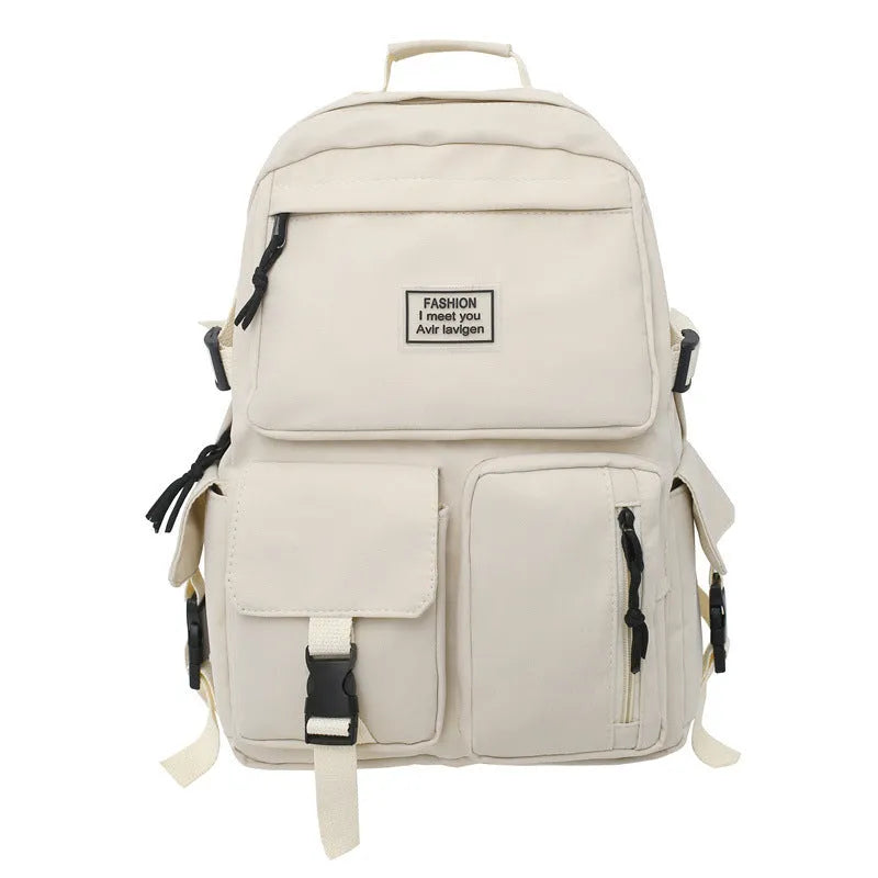 Black student backpack with three-dimensional pockets showing computer compartment