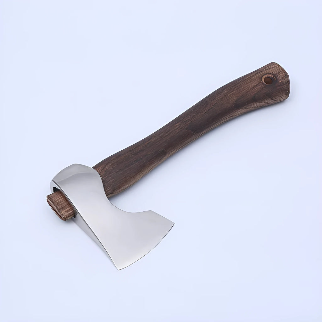 Camping axe with a high carbon steel head and wooden handle on a neutral background.