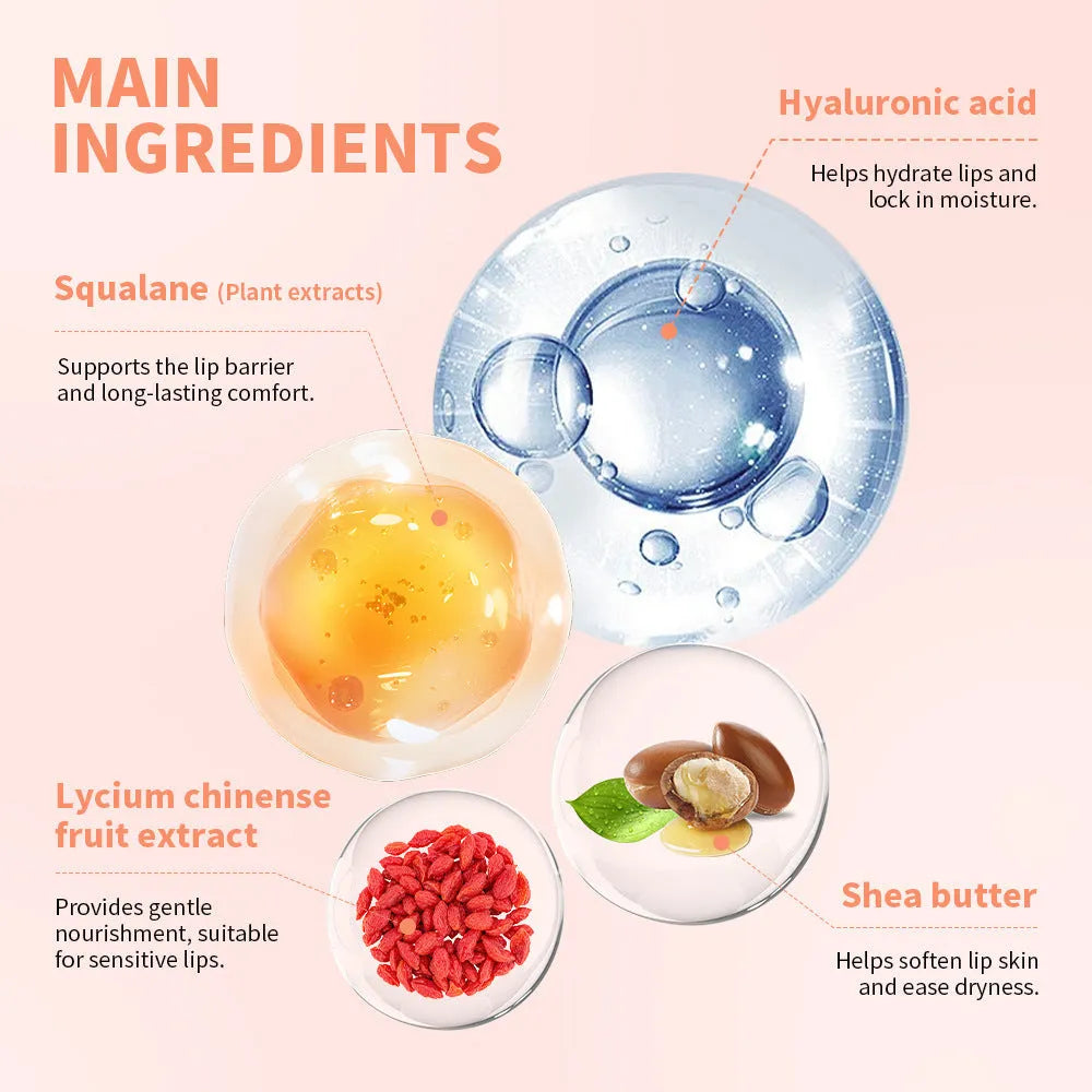 Sweet fruit flavour moisturising squeeze lip balm in 6g tube with five flavour options: Grape, Honeydew, Peach, Strawberry, and Vanilla Frosting