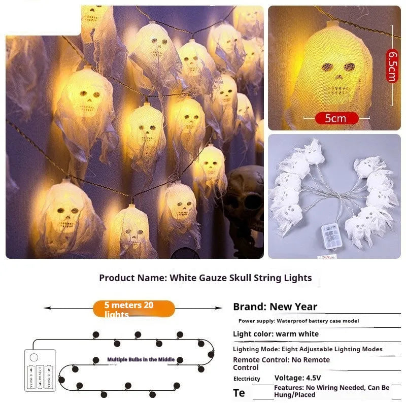 Halloween coloured battery-powered LED string lights showing plastic housing and multiple coloured light beads
