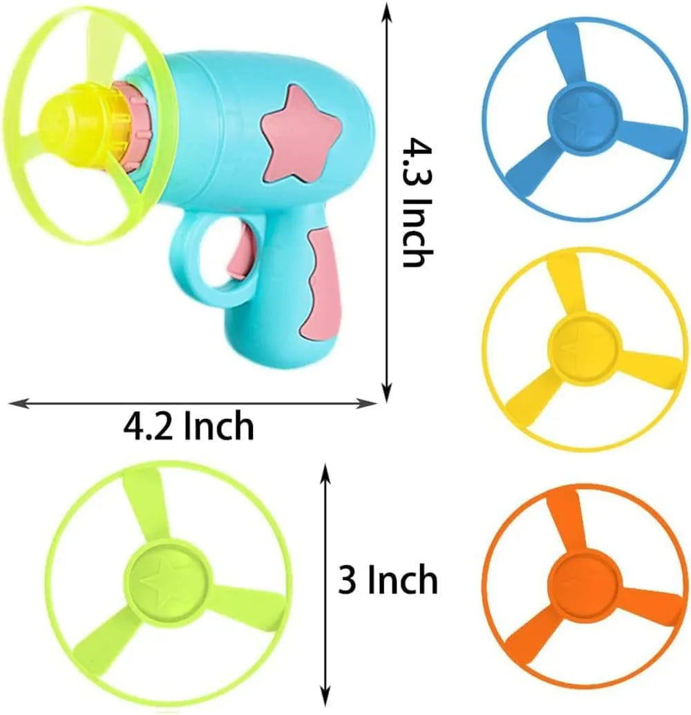 Blue or pink plastic cat toy gun with two Frisbee discs for indoor play.