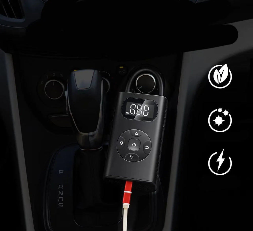 Black aviation aluminium portable tyre inflator with digital display and hose for cars and motorcycles.