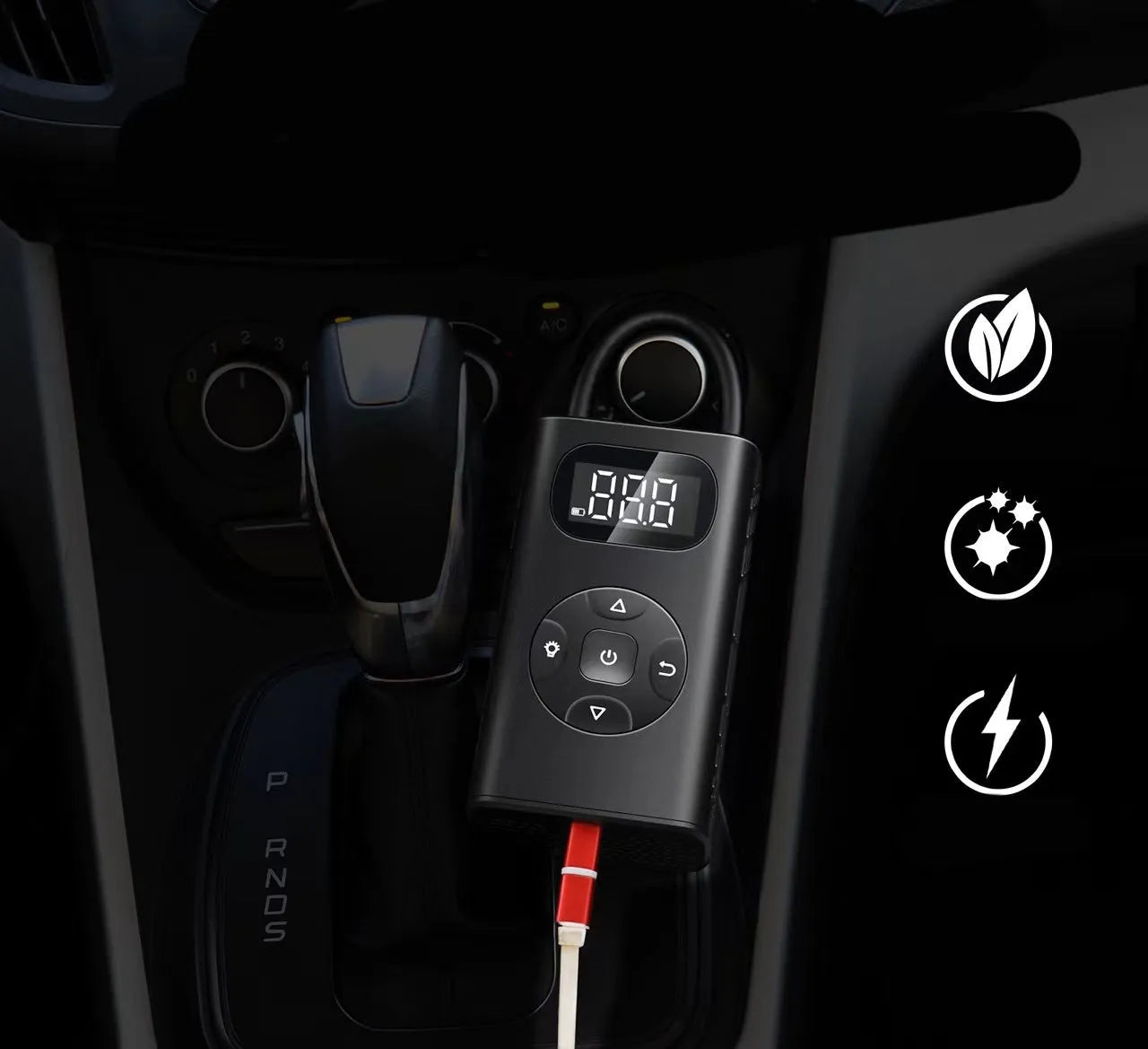 Black aviation aluminium portable tyre inflator with digital display and hose for cars and motorcycles.