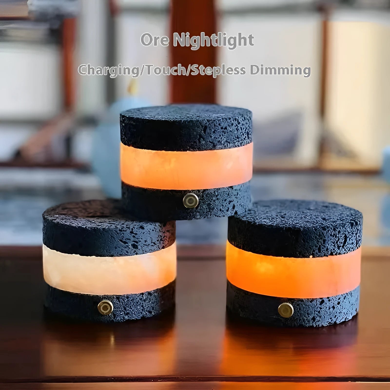 Orange volcanic rock USB night lamp with touch dimming and essential oil well, measuring 9cm by 7.5cm.