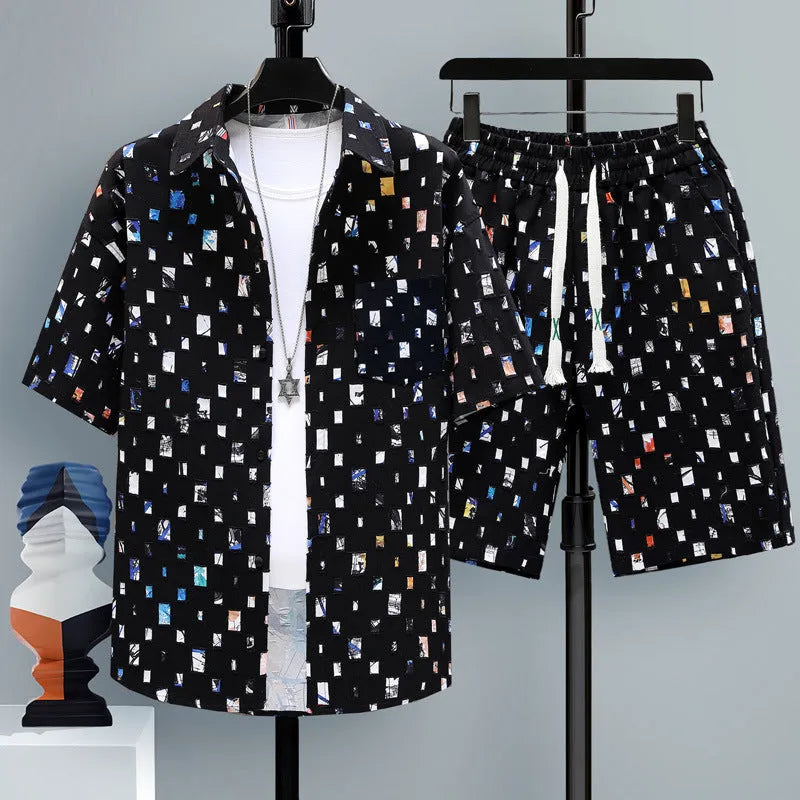 Men's casual polyester shorts two-piece set in a solid colour, showing short sleeve top and matching shorts.