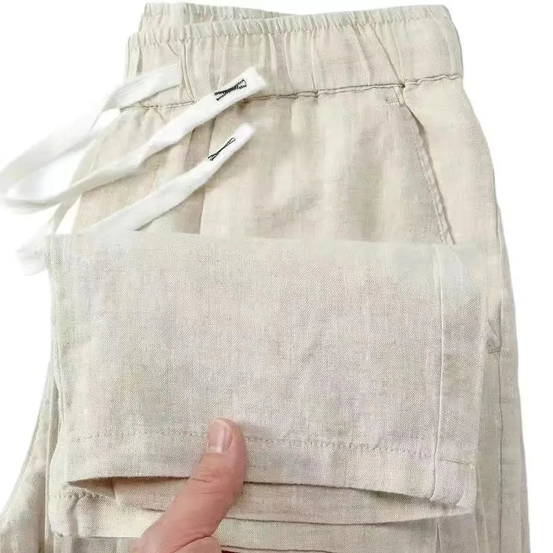 Pure linen hemp blend Chinese-style straight leg trousers with elastic drawstring waist in multiple colours.