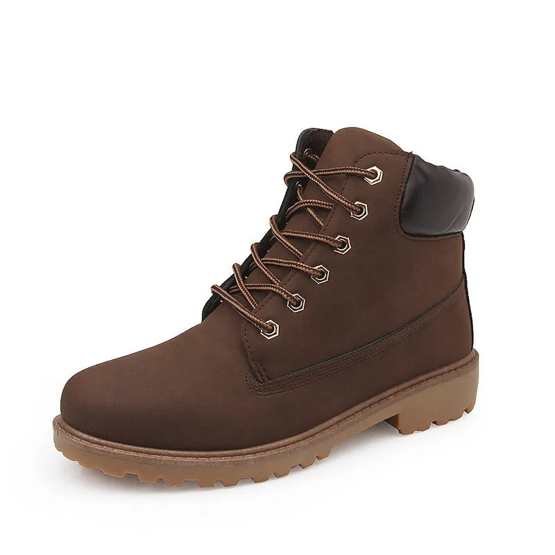 Men's pink Martin boots with velvet lining showing round toe and front lace-up design