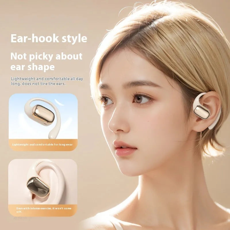Ear-mounted wireless headphones with digital display screen in black, skin colour, or white