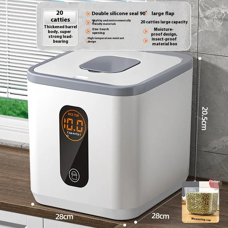Grey plastic airtight rice storage jar with a lid and a free measuring cup on a kitchen counter.