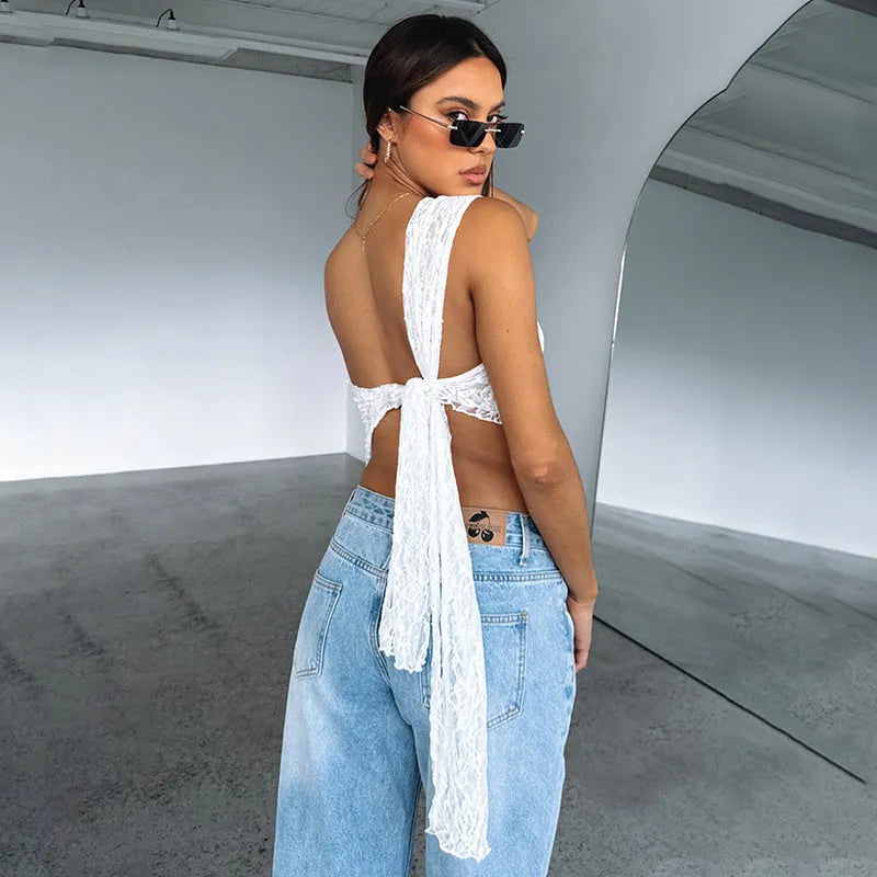 Women's sleeveless lace backless top with asymmetrical neck in multiple colour options