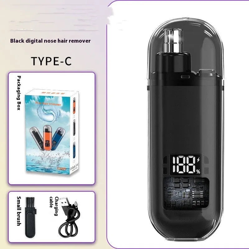 Rechargeable nose hair trimmer with removable stainless steel cutter head and digital display.