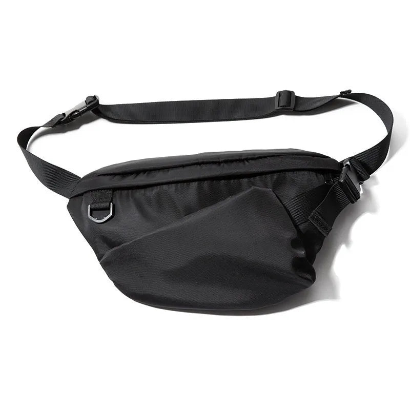 Black men's slanted chest bag in Oxford fabric with 8-inch dimensions and visible sewing lines