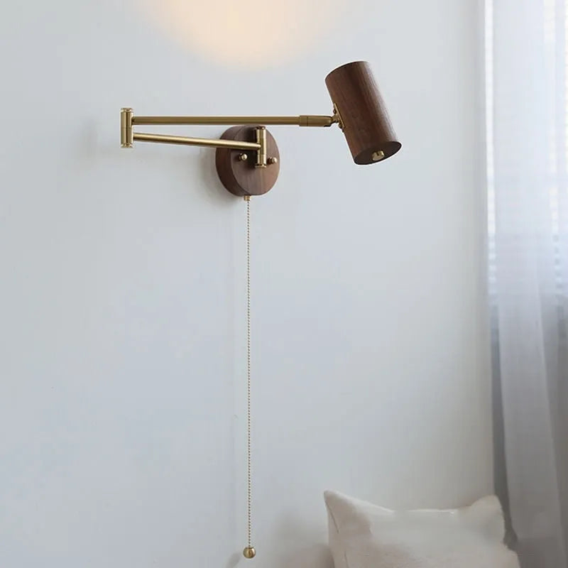 Retro rotating wall lamp with long-arm spotlight in walnut wood and iron with directional adjustment switch
