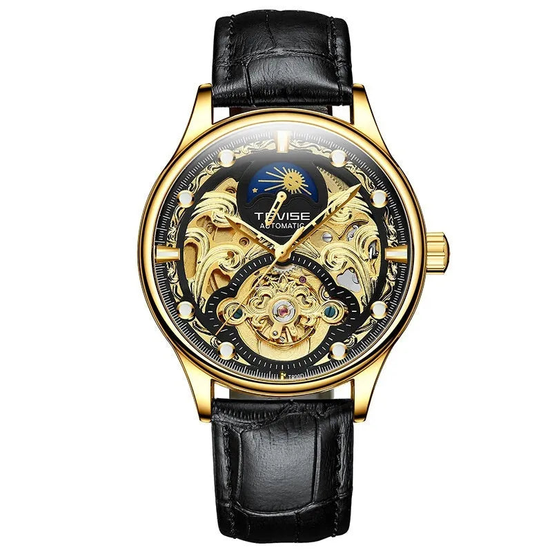 Men's gold and white leather strap automatic mechanical watch with waterproof design