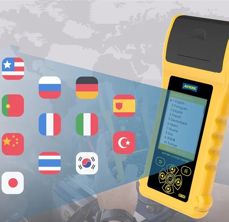 Autool BT760 colour screen vehicle battery tester with clip leads and printed diagnostic receipt.