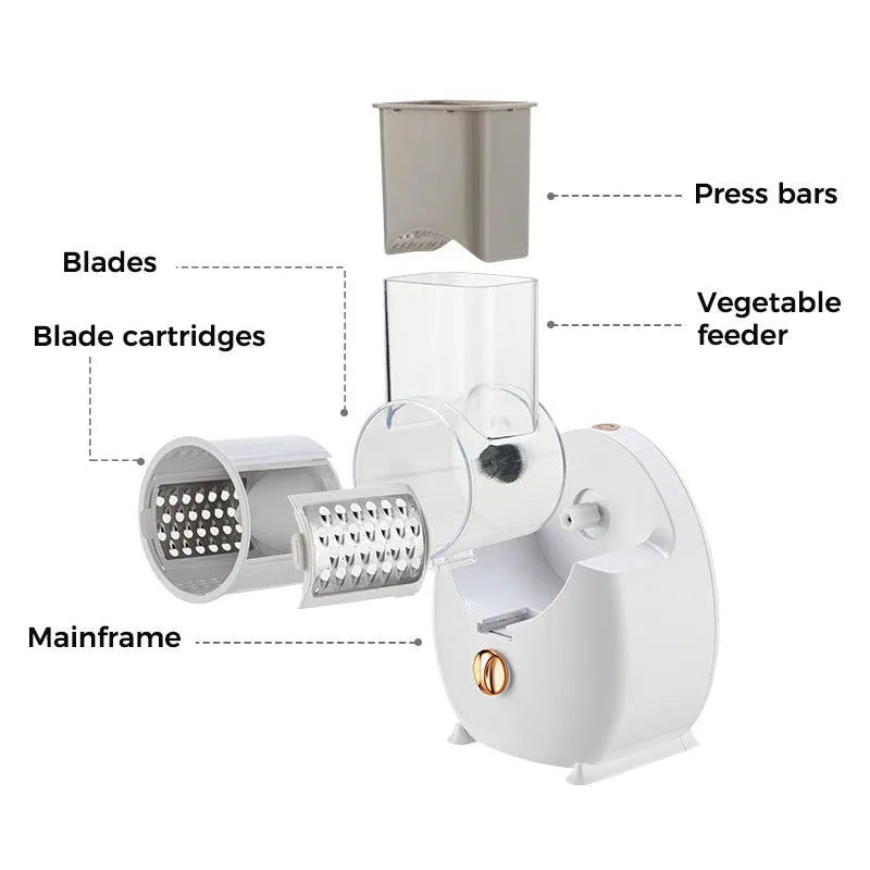 White electric vegetable slicer with strong suction base for potato carrot shredding and grating
