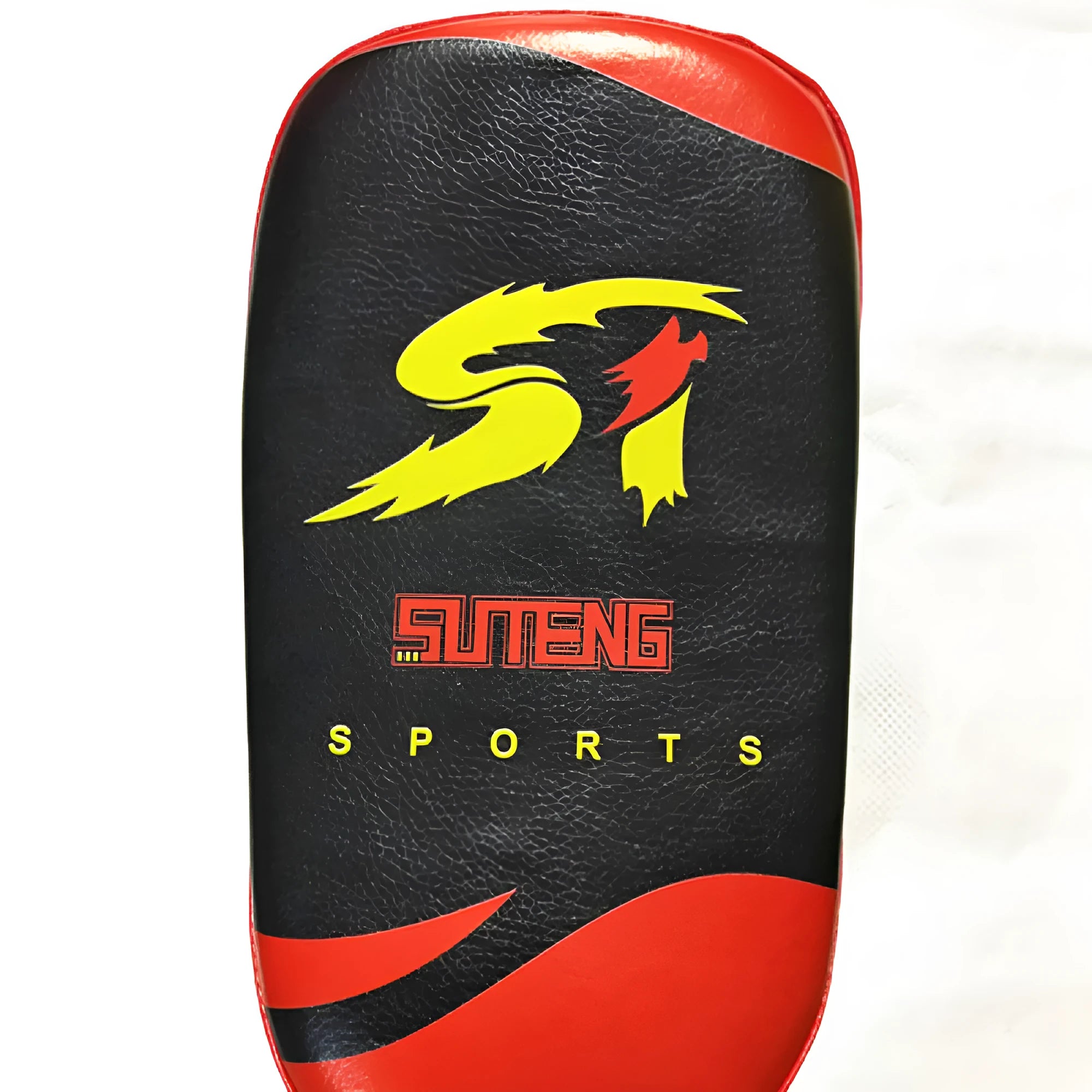 Black and red PU leather boxing Sanda hand target pad showing dimensions and double buckle strap.