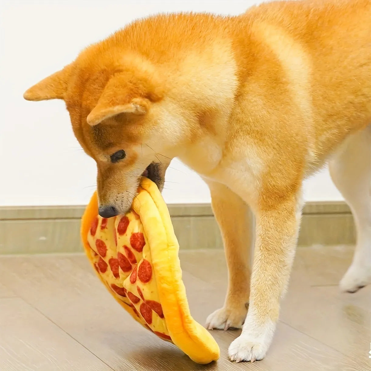 Yellow pizza slice teddy dog chewing toy with squeaker for medium-sized dogs