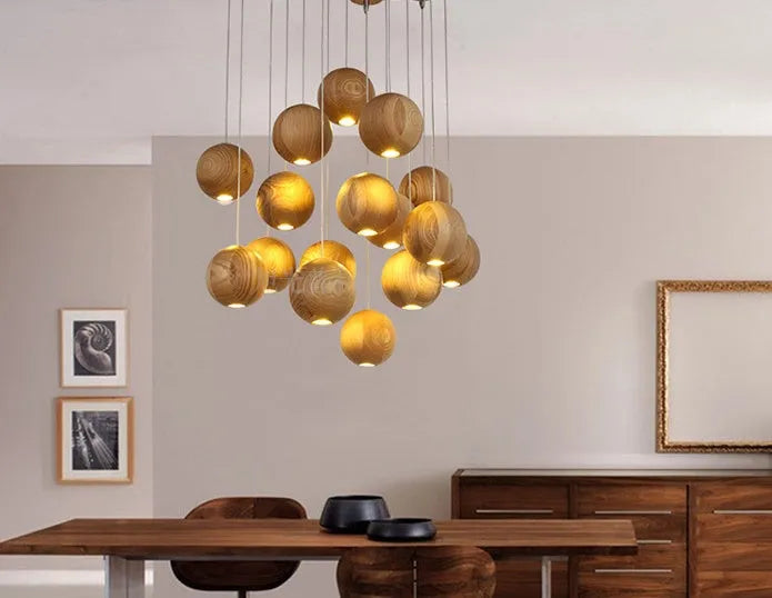 Nordic style wood ball chandelier pendant lamp with solid wood construction and adjustable hanging height
