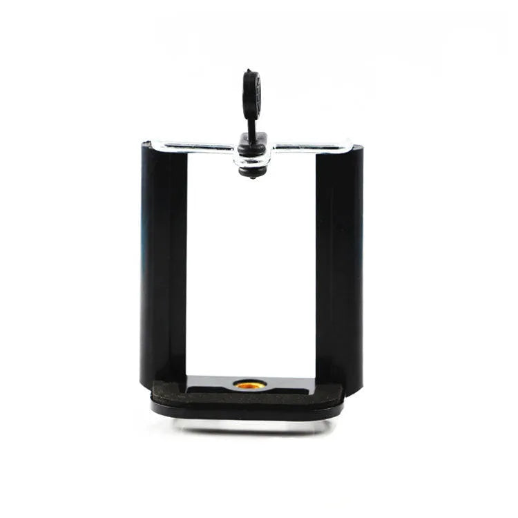 Black plastic universal mobile phone holder with U-clip bracket for attaching to cylindrical surfaces