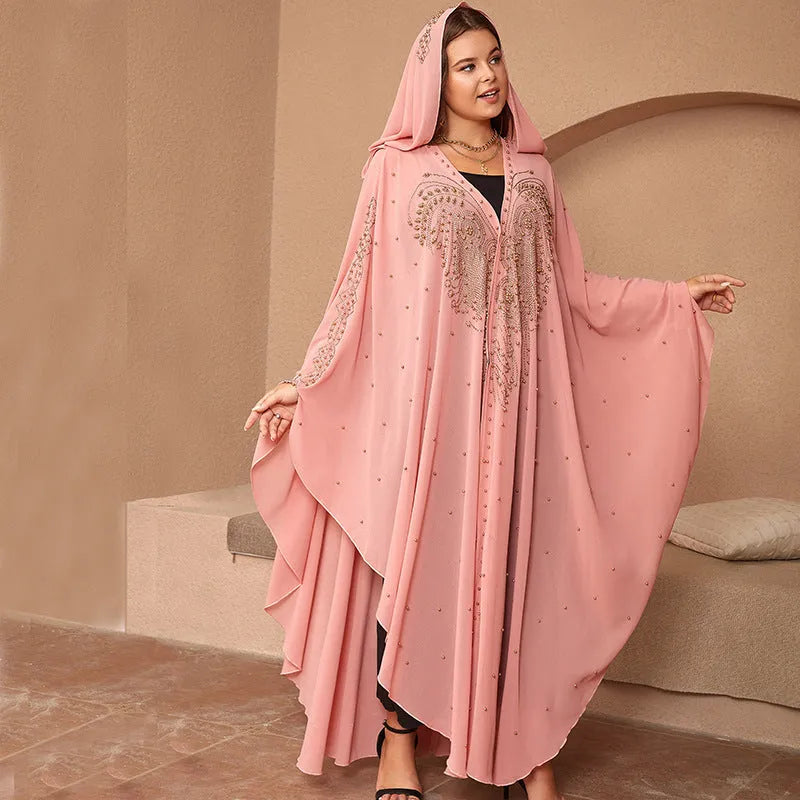 Purple rhinestone beaded chiffon Muslim shawl draped showing length and decorative bead detail