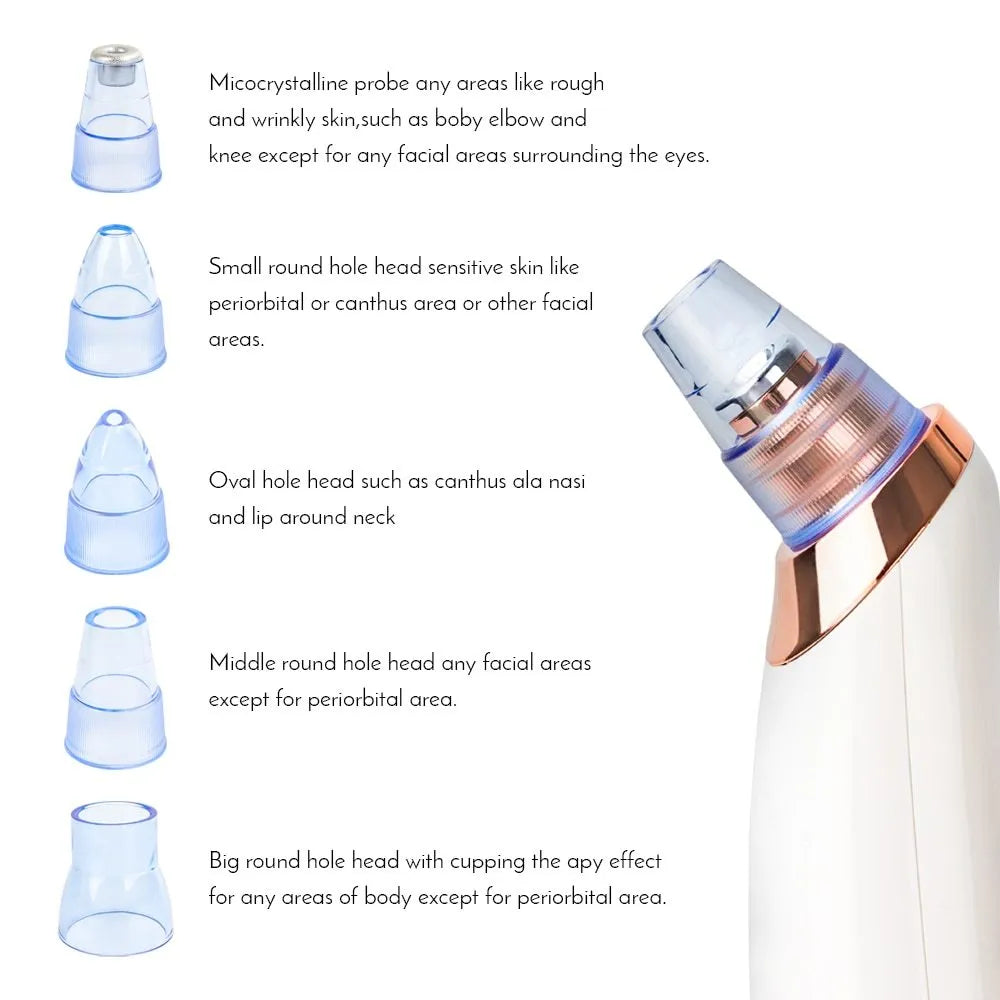 Electric blackhead remover tool with vacuum suction and set of five nozzle attachments