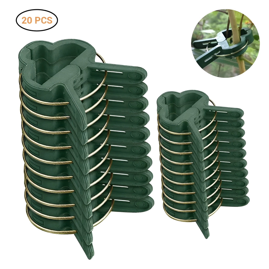 Green plastic plant fixing clips holding climbing plant stems against a support structure