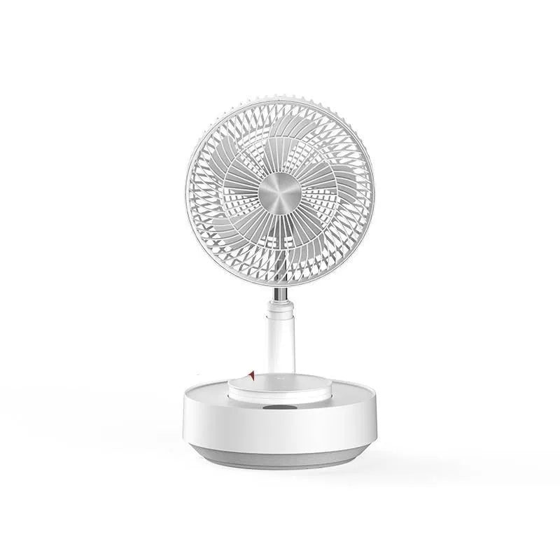 Green telescopic rechargeable electric fan showing extended floor-standing position with remote control