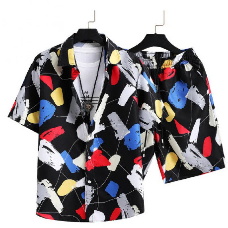 Men's casual suit with digital printing on cardigan shirt and matching shorts