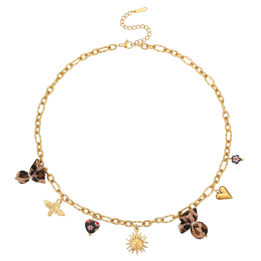 Leopard pendant with heart and flower elements on stainless steel necklace, electroplated 18K finish