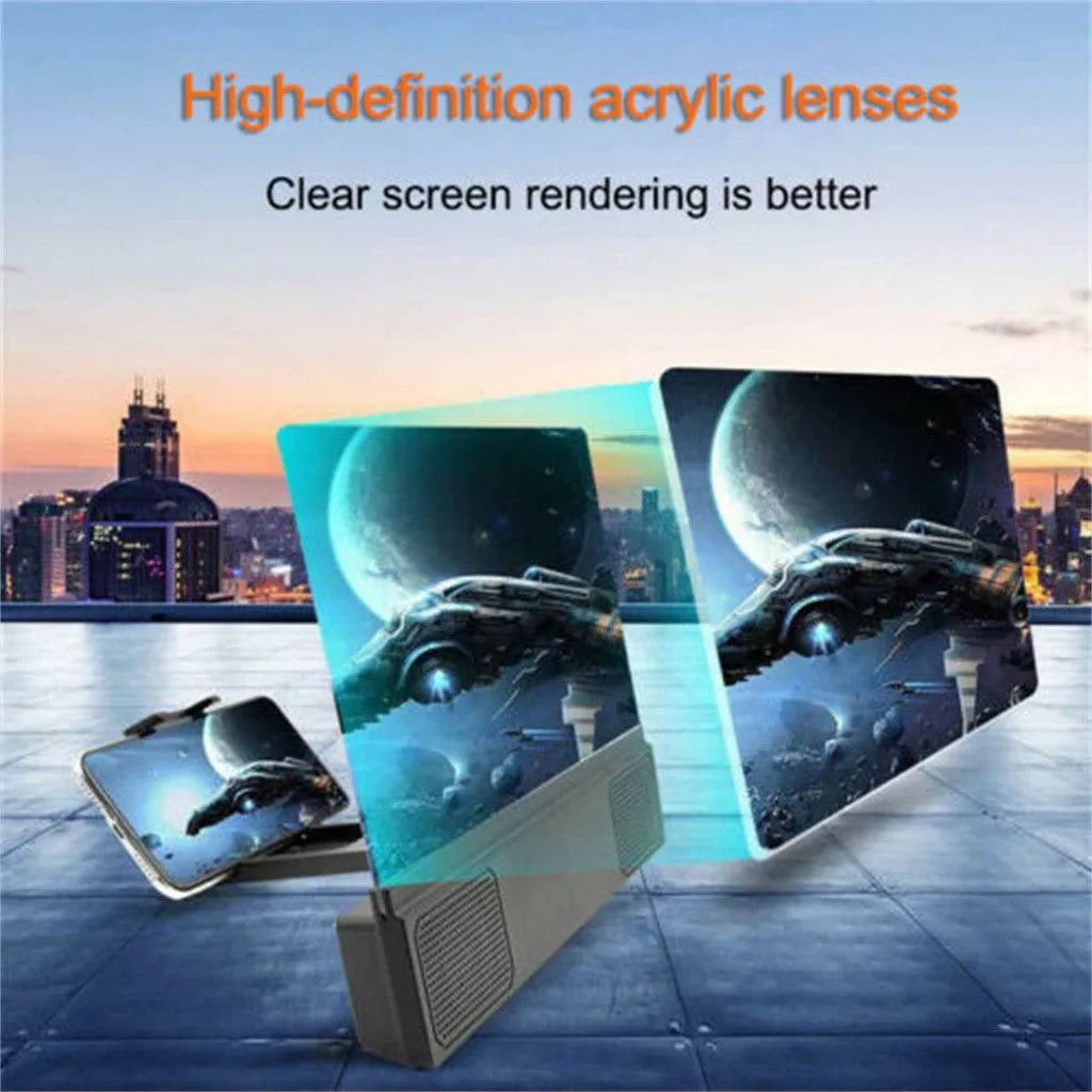 12-inch foldable mobile phone screen amplifier with gooseneck stand and built-in speakers.