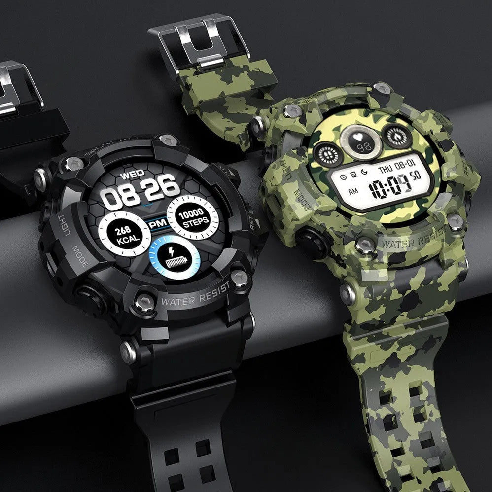 T6 tactical smart watch with 1.3 inch screen in black or green colour showing alloy construction and wristband