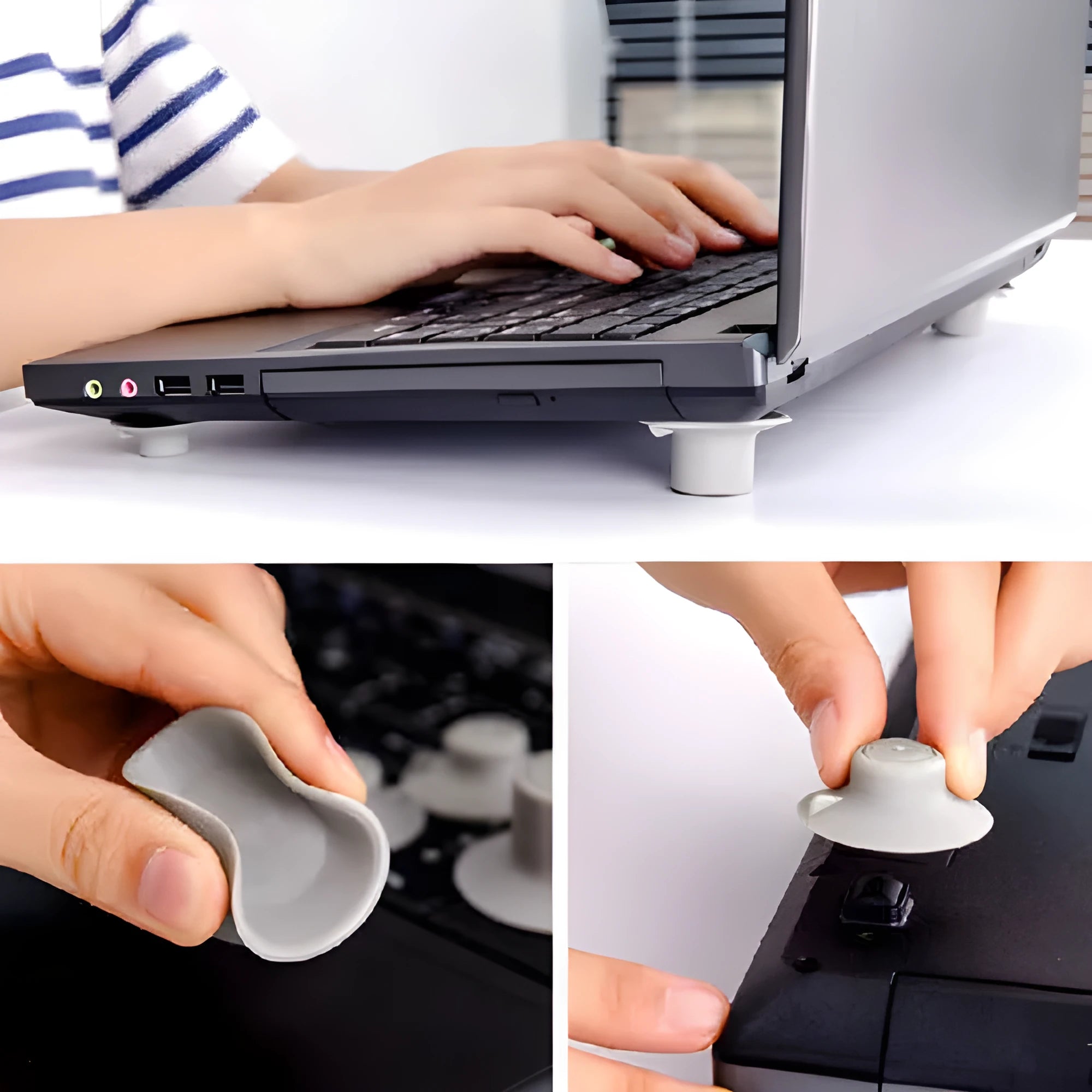 Set of four grey plastic laptop cooling pads, two large and two small, on a flat surface.