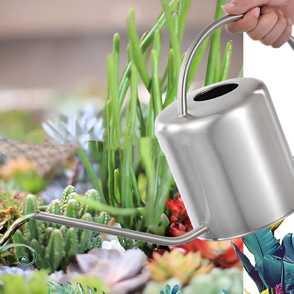 Stainless steel watering can with long spout showing black, gold, and stainless steel colour options